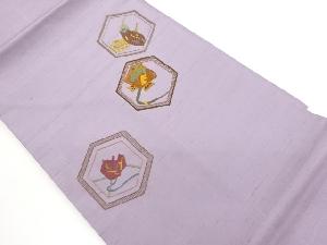 手織り紬亀甲に茄子・抽象模様刺繍名古屋帯